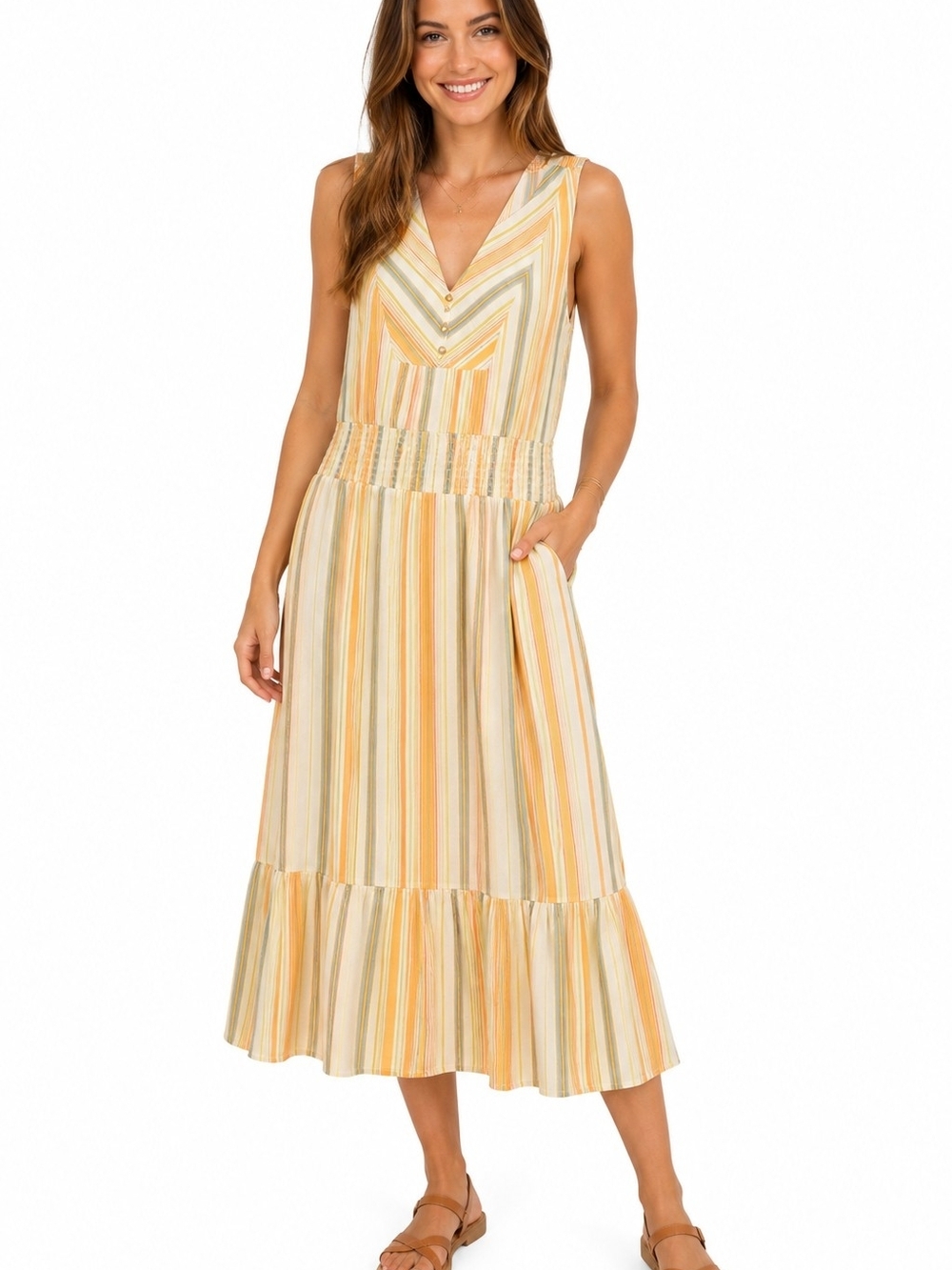 Prana Striped V-Neck Organic Cotton  Ruffle Hem Maxi Dress Medium
